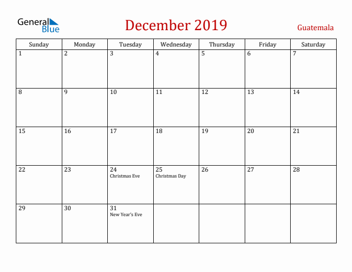 Guatemala December 2019 Calendar - Sunday Start