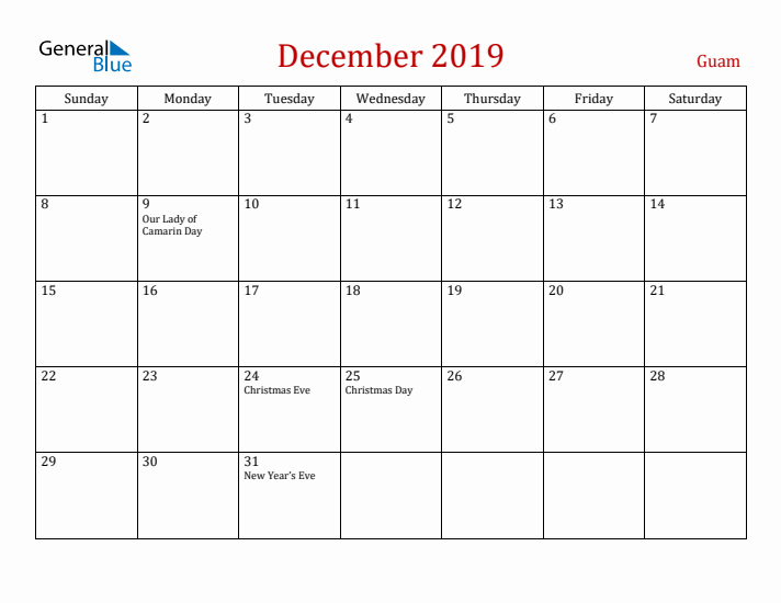 Guam December 2019 Calendar - Sunday Start