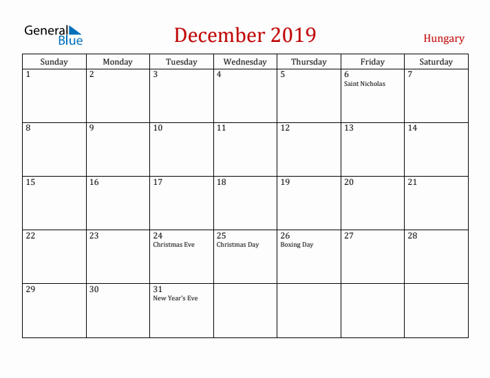 Hungary December 2019 Calendar - Sunday Start
