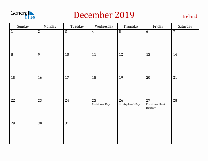 Ireland December 2019 Calendar - Sunday Start