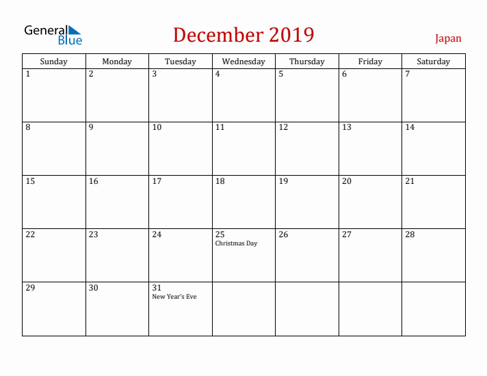 Japan December 2019 Calendar - Sunday Start