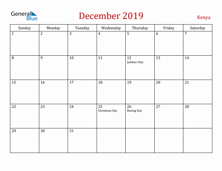 Kenya December 2019 Calendar - Sunday Start