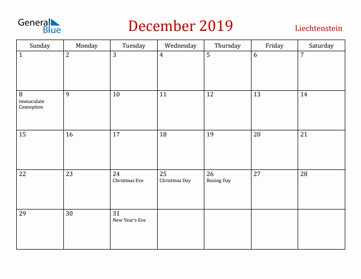 Liechtenstein December 2019 Calendar - Sunday Start