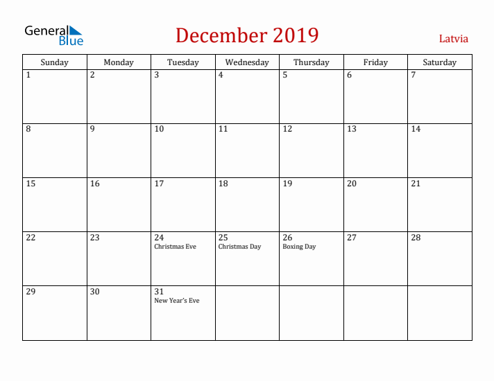 Latvia December 2019 Calendar - Sunday Start