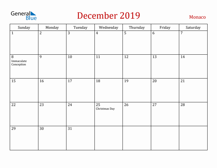 Monaco December 2019 Calendar - Sunday Start