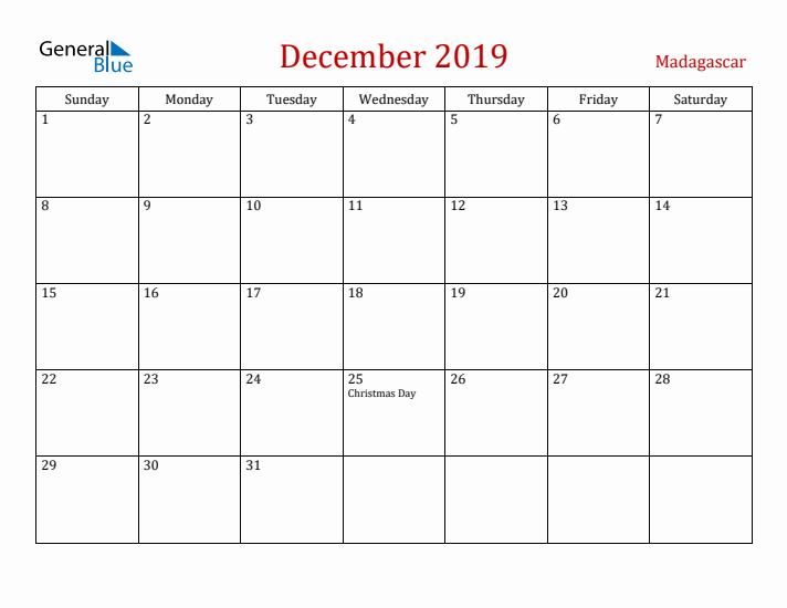 Madagascar December 2019 Calendar - Sunday Start
