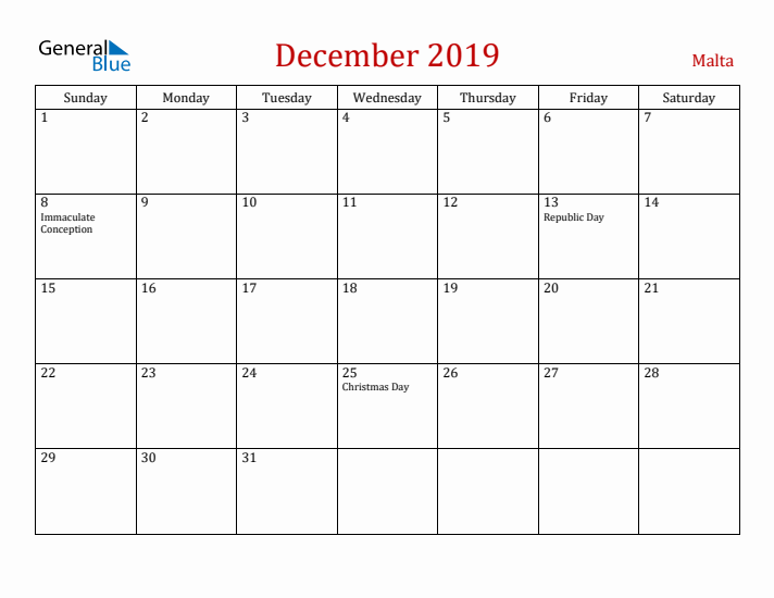 Malta December 2019 Calendar - Sunday Start