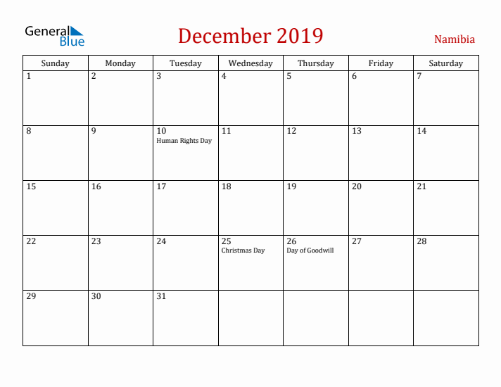 Namibia December 2019 Calendar - Sunday Start
