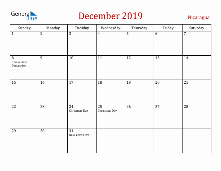 Nicaragua December 2019 Calendar - Sunday Start