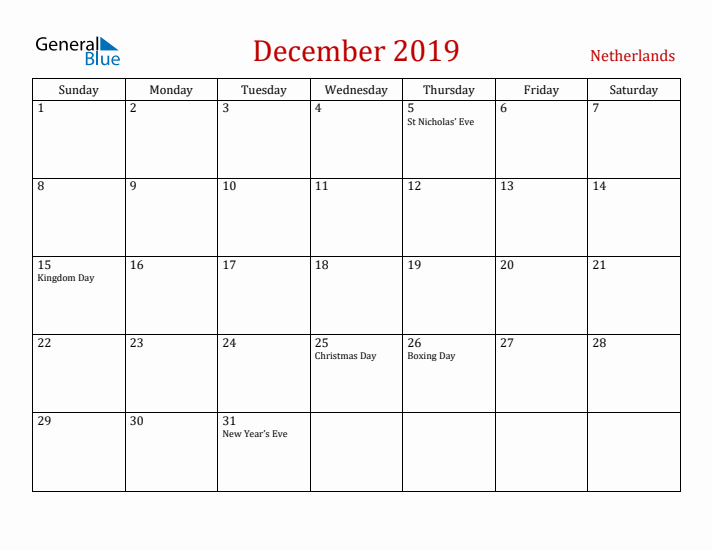 The Netherlands December 2019 Calendar - Sunday Start