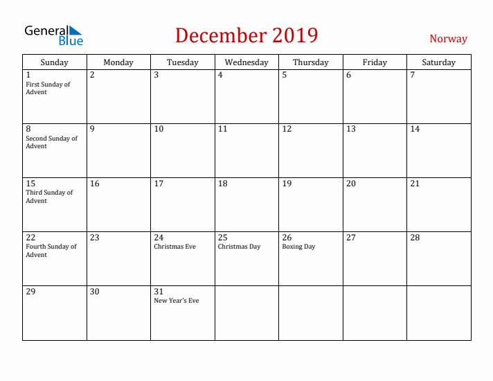 Norway December 2019 Calendar - Sunday Start