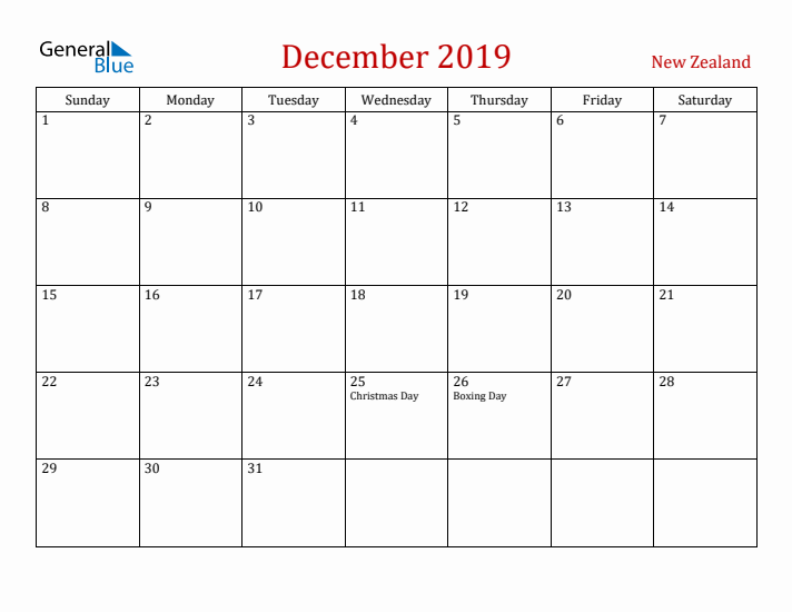 New Zealand December 2019 Calendar - Sunday Start