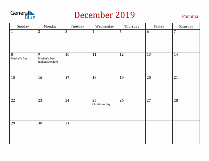 Panama December 2019 Calendar - Sunday Start