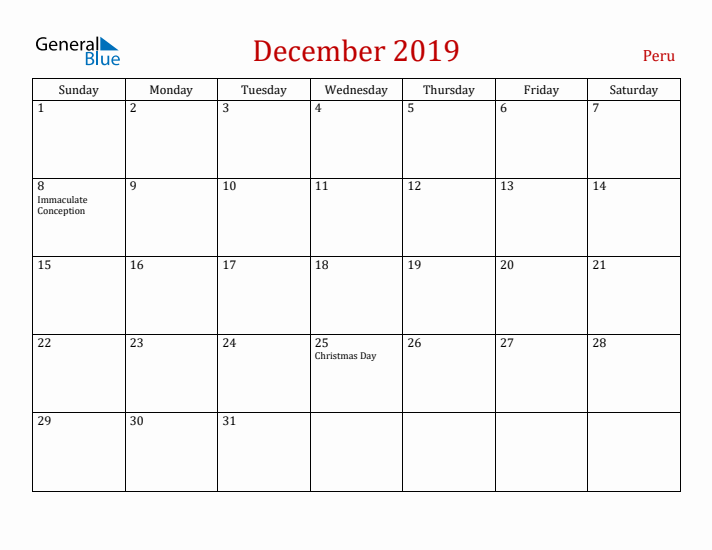 Peru December 2019 Calendar - Sunday Start