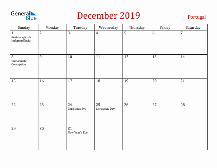 Portugal December 2019 Calendar - Sunday Start