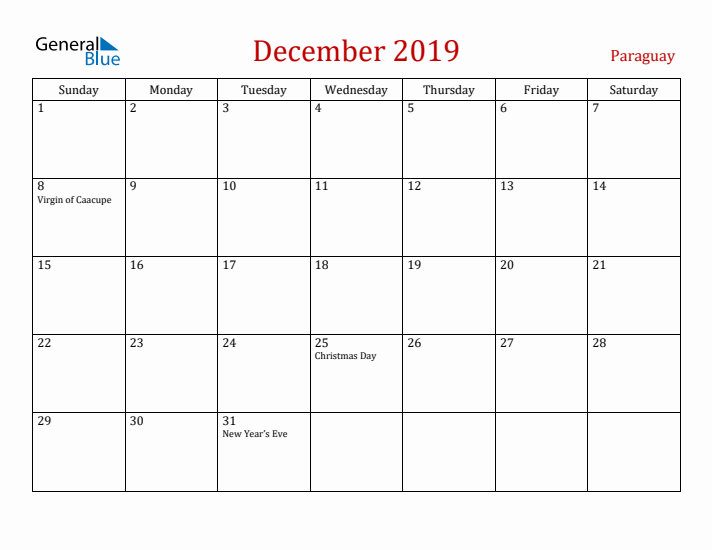 Paraguay December 2019 Calendar - Sunday Start