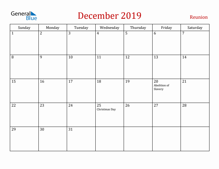 Reunion December 2019 Calendar - Sunday Start