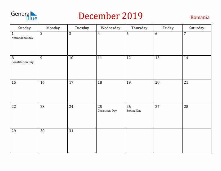 Romania December 2019 Calendar - Sunday Start