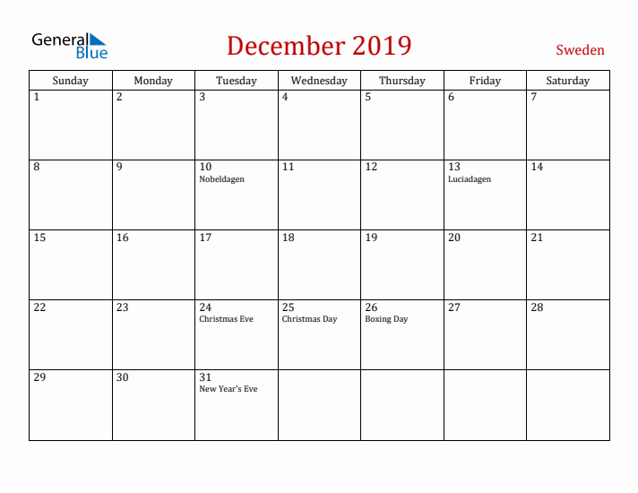 Sweden December 2019 Calendar - Sunday Start