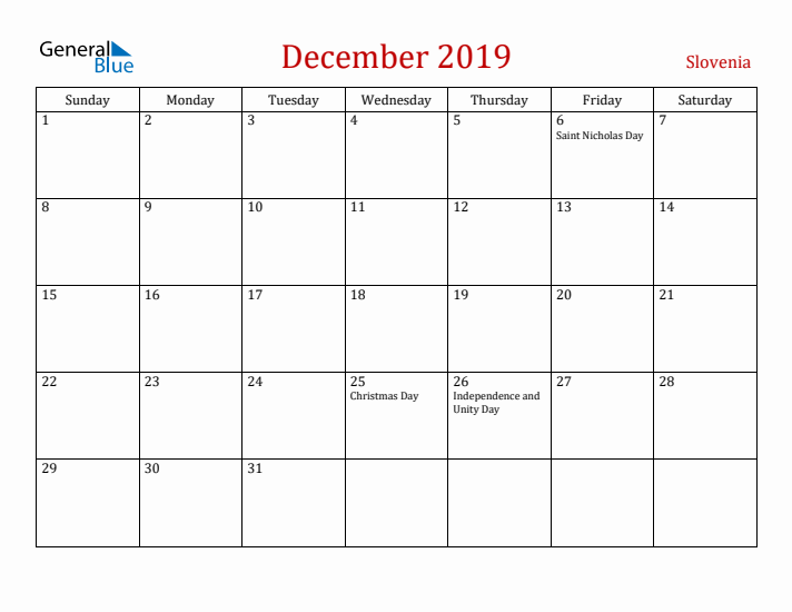 Slovenia December 2019 Calendar - Sunday Start