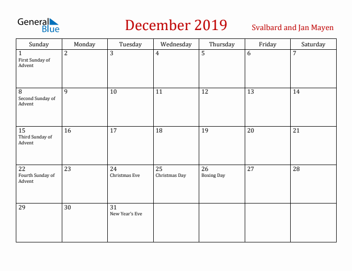 Svalbard and Jan Mayen December 2019 Calendar - Sunday Start