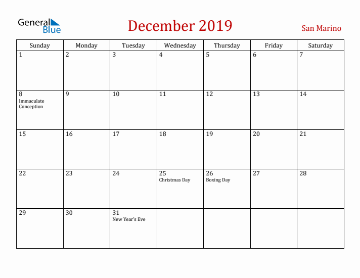 San Marino December 2019 Calendar - Sunday Start
