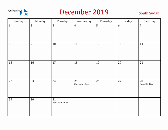 South Sudan December 2019 Calendar - Sunday Start