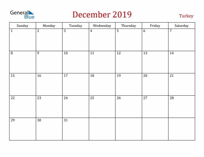 Turkey December 2019 Calendar - Sunday Start