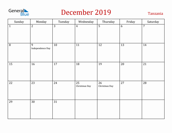 Tanzania December 2019 Calendar - Sunday Start