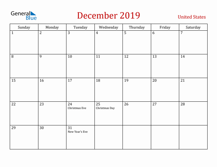 United States December 2019 Calendar - Sunday Start