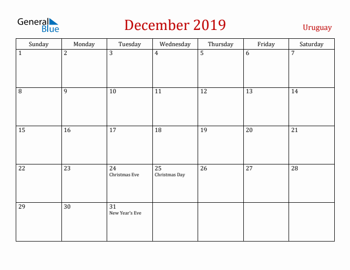 Uruguay December 2019 Calendar - Sunday Start