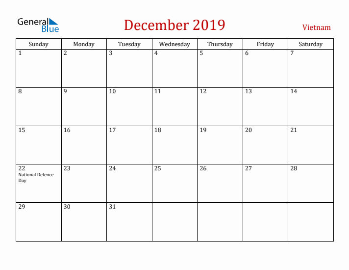 Vietnam December 2019 Calendar - Sunday Start
