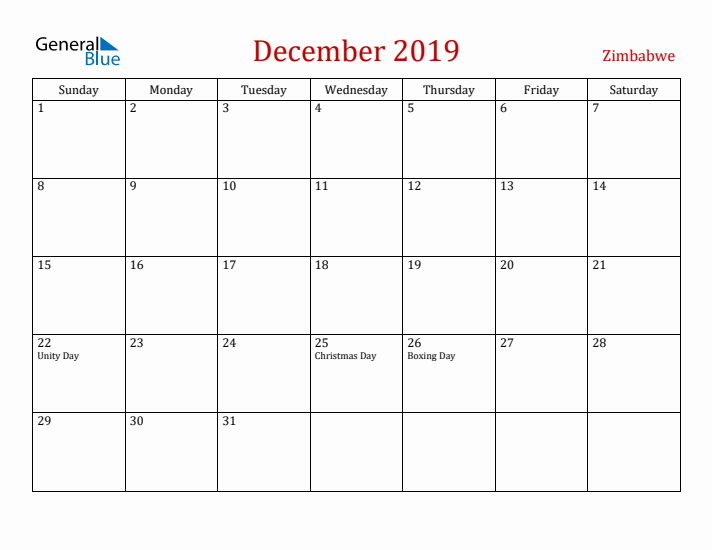 Zimbabwe December 2019 Calendar - Sunday Start