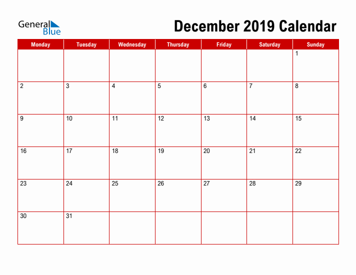 Simple Monthly Calendar - December 2019