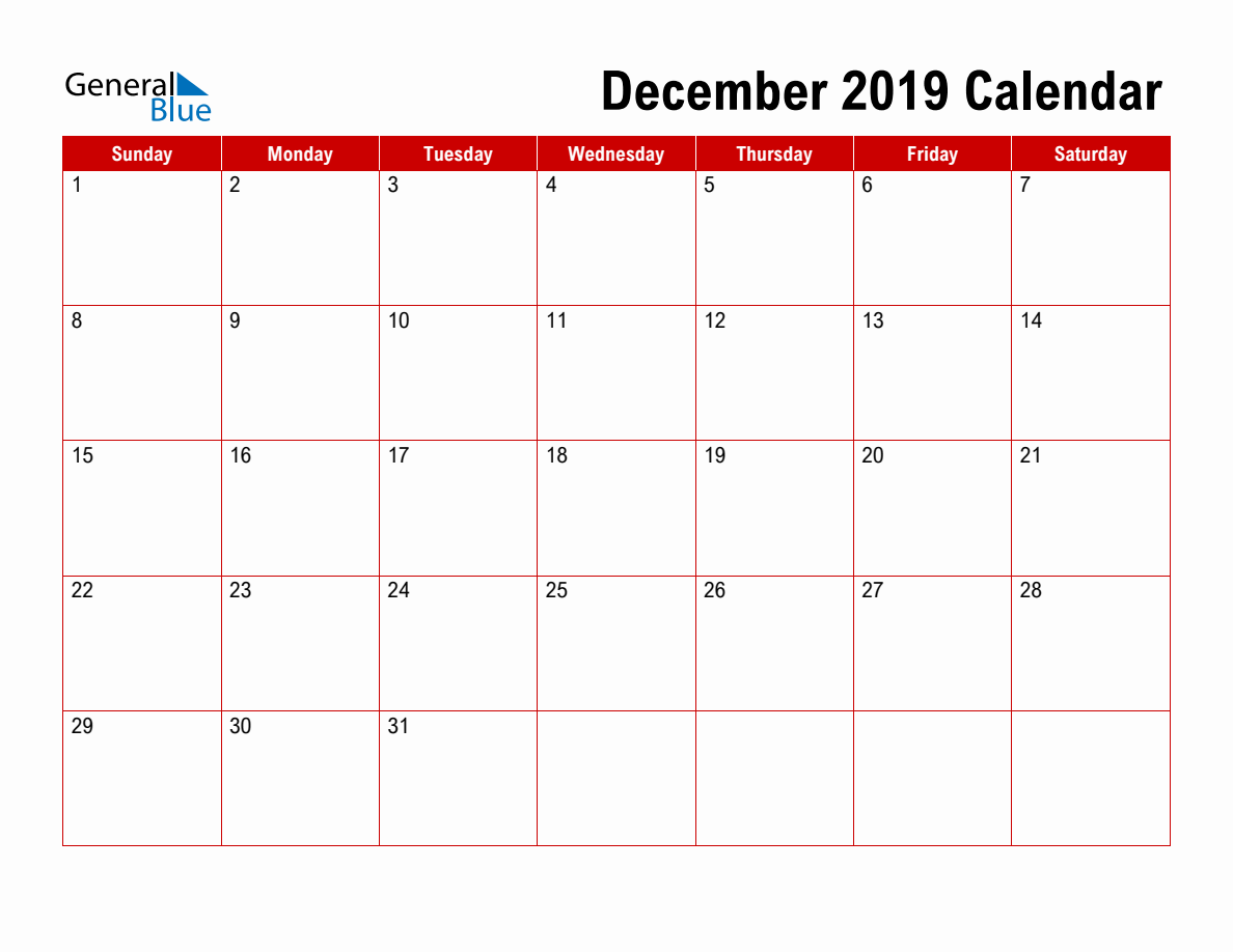 Basic Monthly Calendar - December 2019