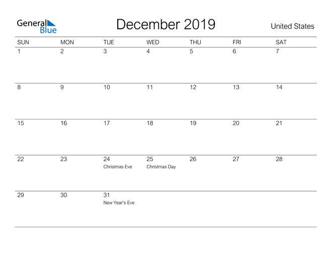 united states december 2019 calendar with holidays