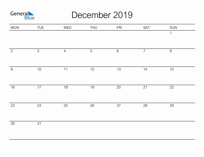 Printable December 2019 Calendar - Monday Start