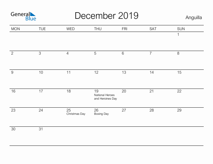 Printable December 2019 Calendar for Anguilla
