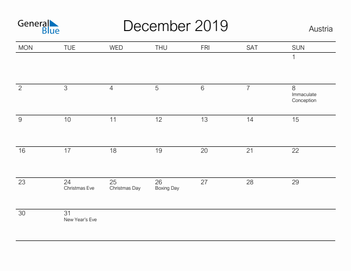 Printable December 2019 Calendar for Austria