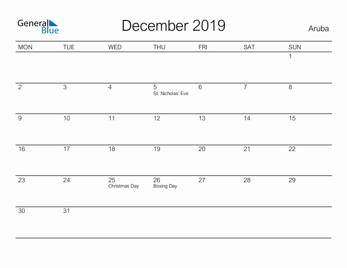 Printable December 2019 Calendar for Aruba