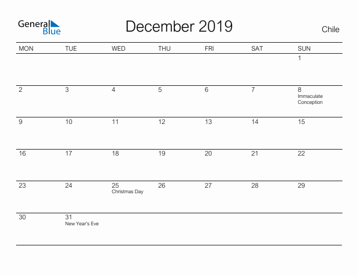Printable December 2019 Calendar for Chile