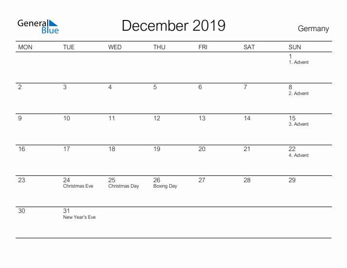 Printable December 2019 Calendar for Germany
