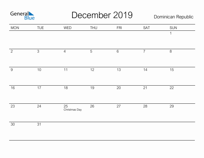 Printable December 2019 Calendar for Dominican Republic