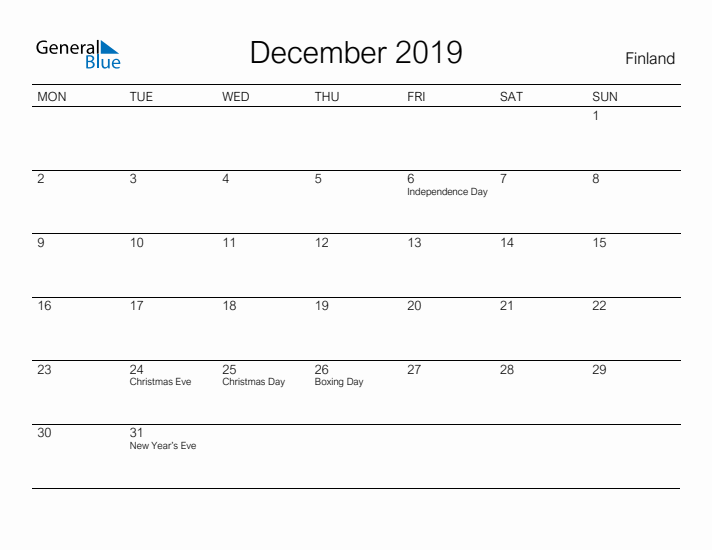 Printable December 2019 Calendar for Finland