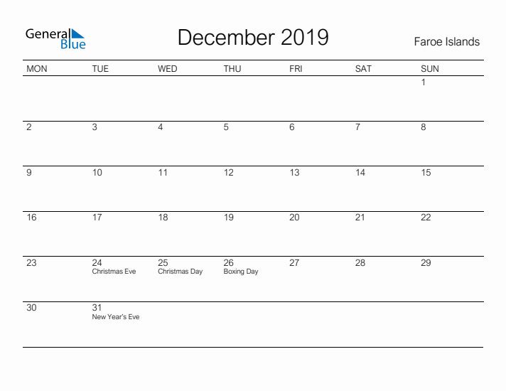 Printable December 2019 Calendar for Faroe Islands