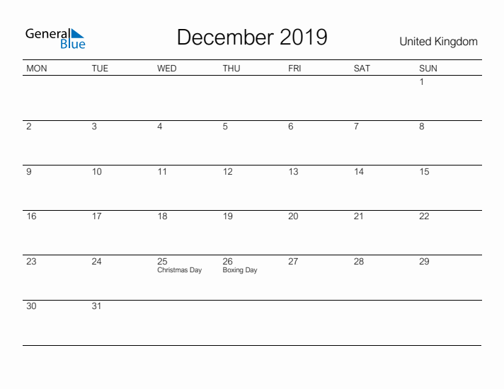 Printable December 2019 Calendar for United Kingdom