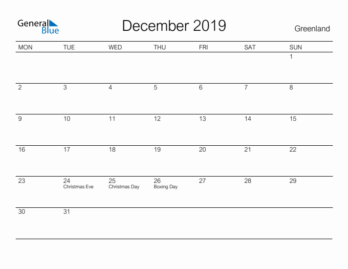 Printable December 2019 Calendar for Greenland