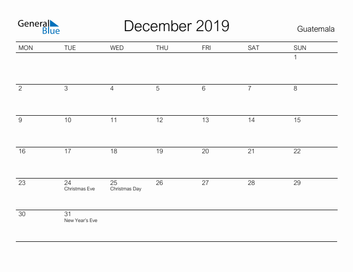 Printable December 2019 Calendar for Guatemala