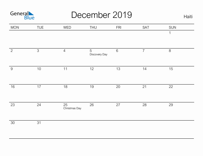 Printable December 2019 Calendar for Haiti