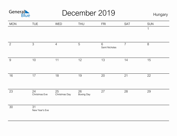 Printable December 2019 Calendar for Hungary